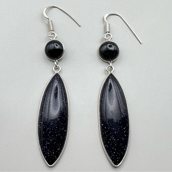 New Blue Sandstone w Black Onyx Long Silver Overlay Hook Earrings - Picture 5 of 5